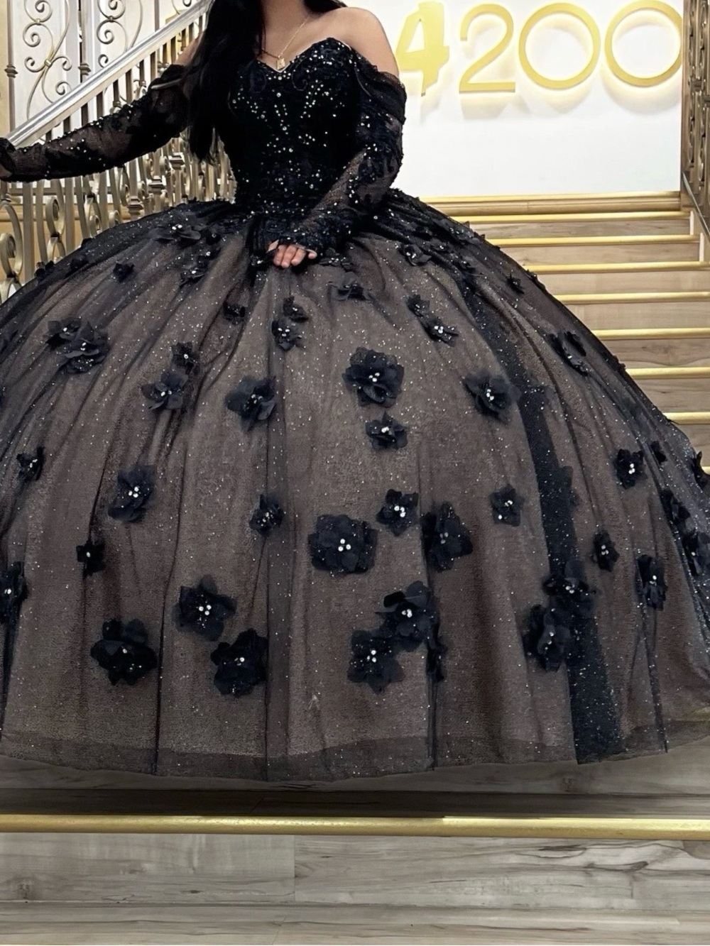 Black Sparkle Ball Gown with 3D Floral Appliqués